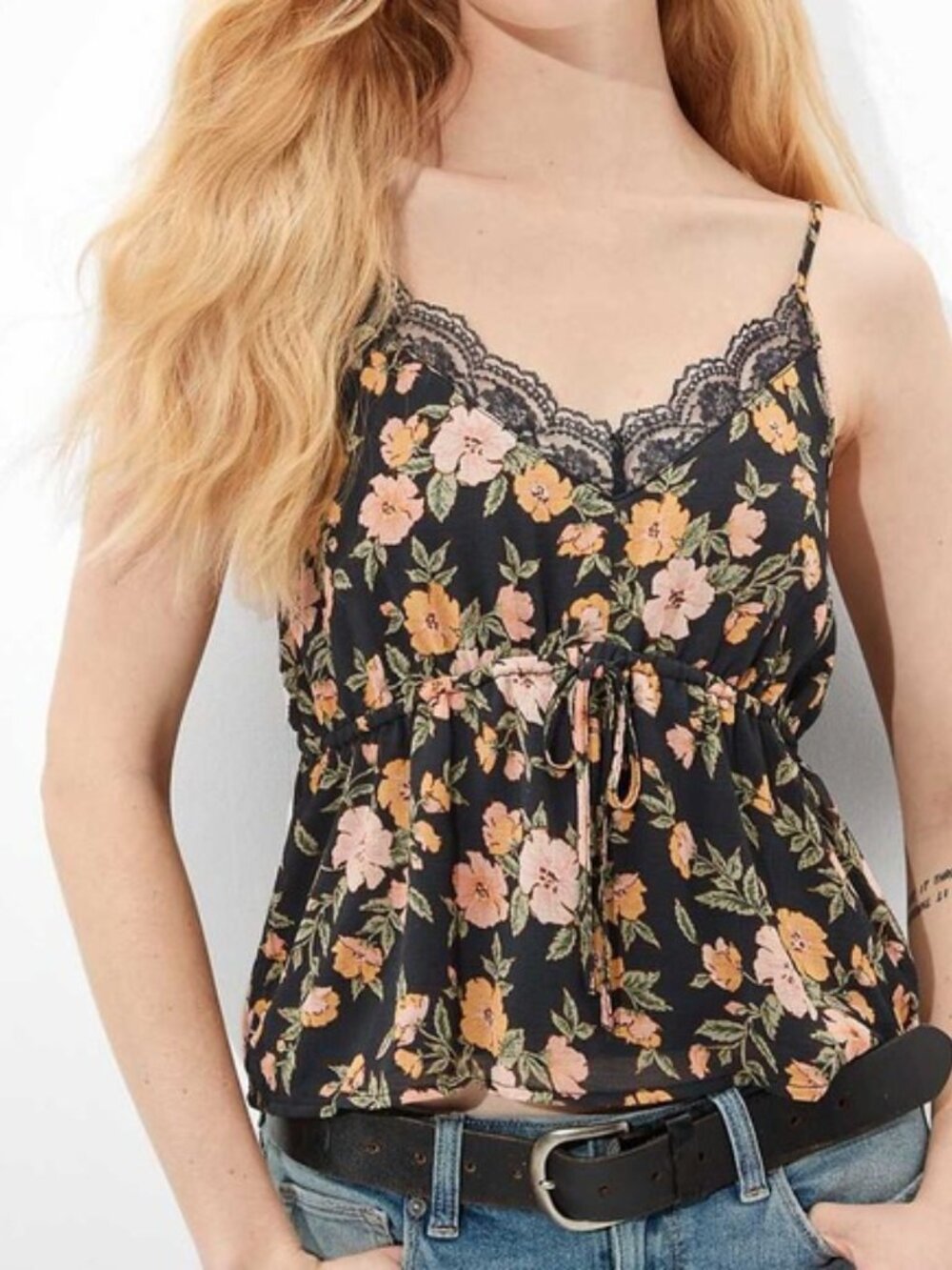 EUC American Eagle Black Doubled Layered Floral Lace Trim Tank Top Size Small